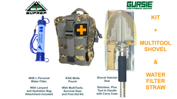 survival kit bugout bag with first aid, shelter, fire maker, and water purification purifier straw